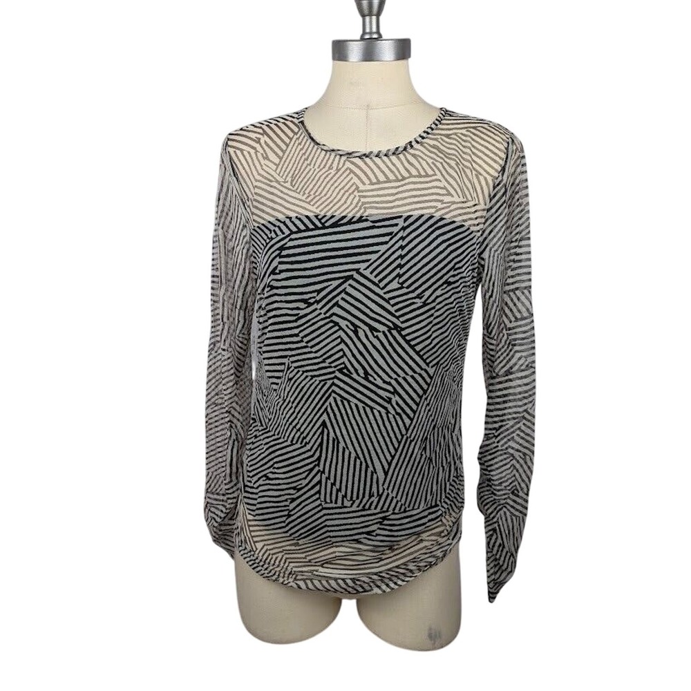 DKNY Long Sleeve Mesh Top Ivory Black Stripe Layered Women's Size M